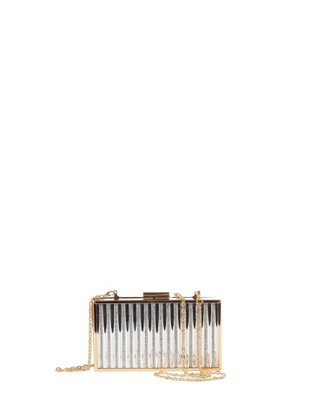 Harde metallic clutch met strepen van strass en een ketting als schouderriem binnenin – Rinascimento