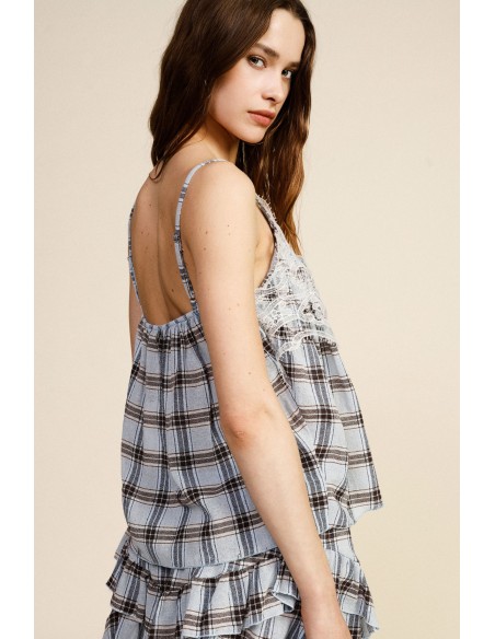 Top met dunne schouderbandjes, kanten details en geruite print Dixie