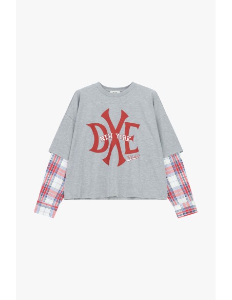 Dixie T-shirt met lange mouwen, New York-print en geruite details