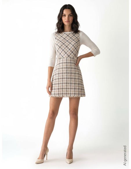 Korte trapeziumjurk van tweed met RR-logoknopen en rafelige zoom van Rinascimento