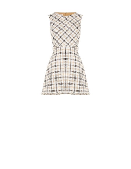 Korte trapeziumjurk van tweed met RR-logoknopen en rafelige zoom van Rinascimento