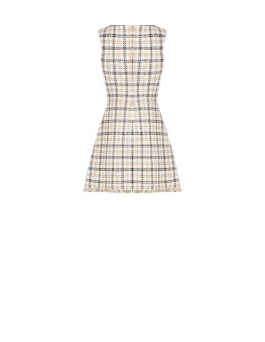 Korte trapeziumjurk van tweed met RR-logoknopen en rafelige zoom van Rinascimento