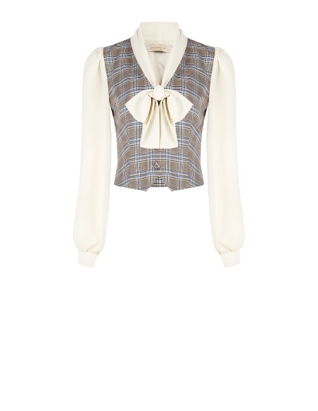 Blouse-gilet in prince-de-gallesruit met mouwen en kraag van georgette Rinascimento