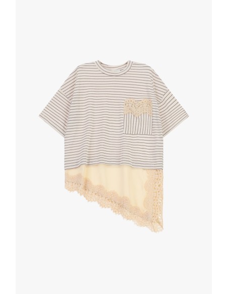Gestreept T-shirt met borstzakje en kanten boord Dixie