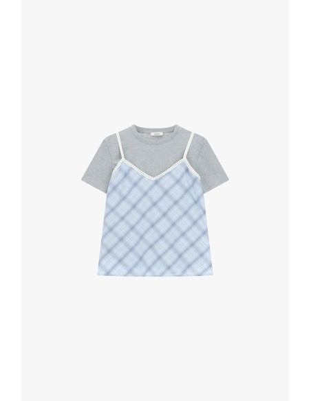T-shirt met korte mouwen, inzetstuk met ruitmotief en contrasterende rand Dixie