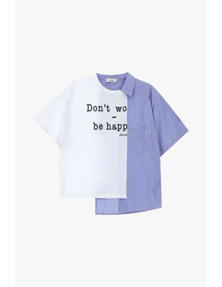 Kort tweekleurig T-shirt met opschrift en strepen Dixie