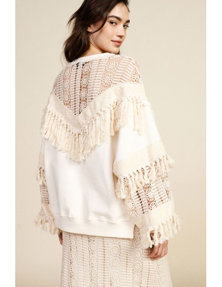 Sweatshirt met ronde hals, geperforeerde inzetstukken en franjes Dixie