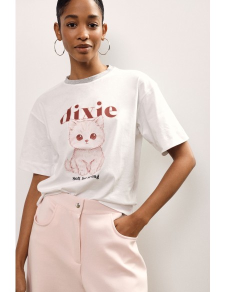 T-shirt met ronde hals, kattenprint en Dixie-opschrift