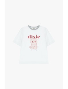 T-shirt met ronde hals, kattenprint en Dixie-opschrift 2