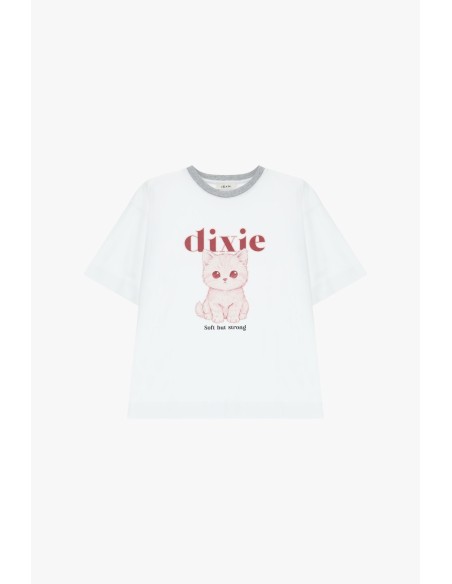 T-shirt met ronde hals, kattenprint en Dixie-opschrift