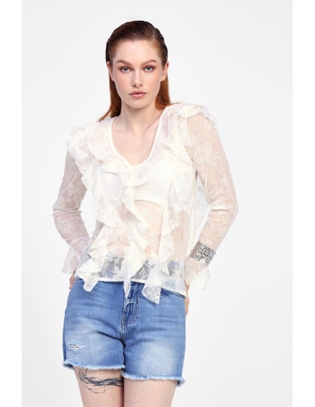 Dixie-blouse met volant en lange mouwen