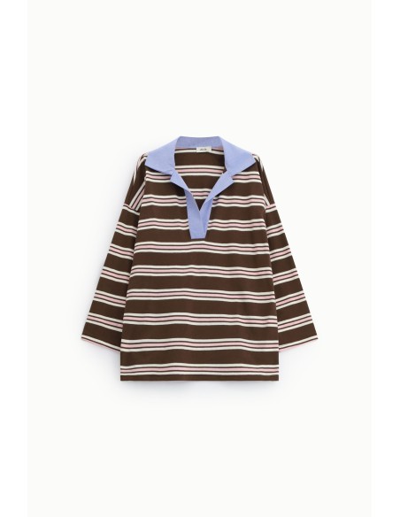 Dixie T-shirt met strepen, wijde hals en lange mouwen