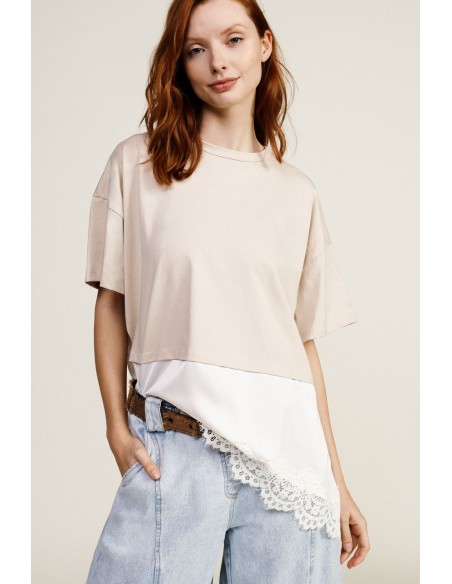 T-shirt met asymmetrische onderkant en kanten detail Dixie