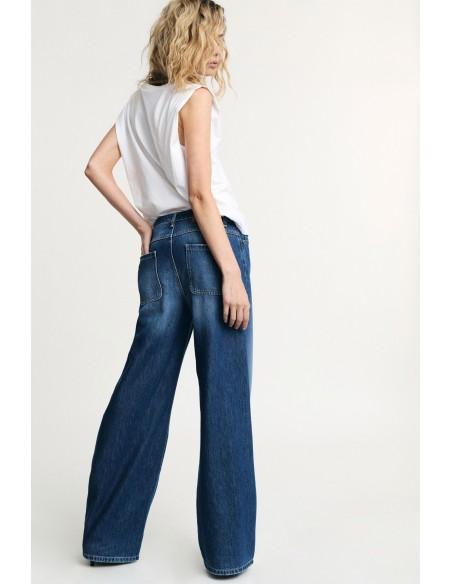 High-waist jeans met wijde pijpen en opgestikte zakken Please