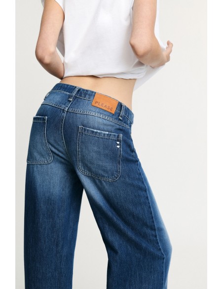High-waist jeans met wijde pijpen en opgestikte zakken Please