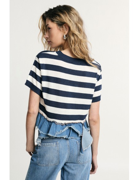 Gestreept cropped T-shirt met rafelrand alstublieft