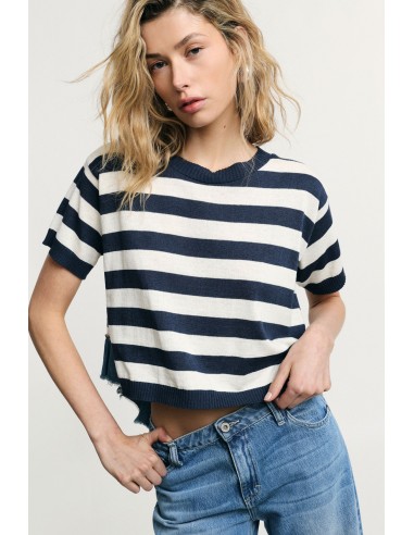 Gestreept cropped T-shirt met rafelrand alstublieft