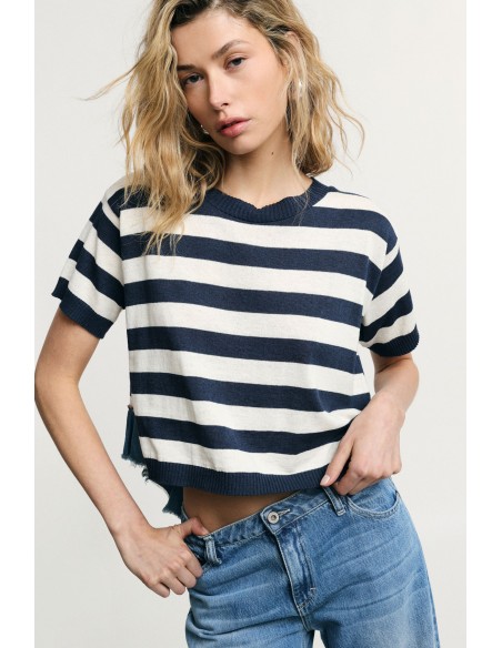 Gestreept cropped T-shirt met rafelrand alstublieft