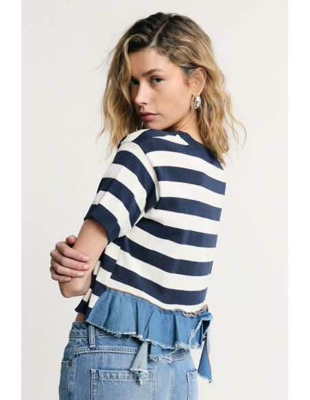 Gestreept cropped T-shirt met rafelrand alstublieft