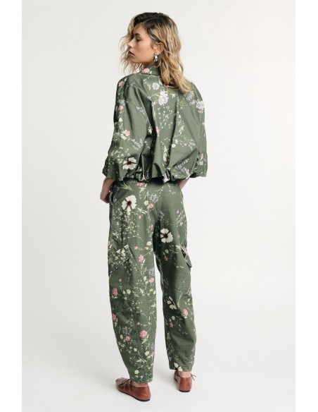 Cargo broek met bloemenprint, hoge taille, zijzakken Please
