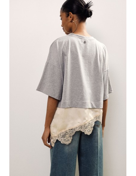 Dixie T-shirt met korte mouwen, asymmetrische zoom en kant