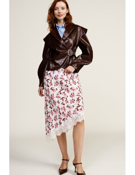 Asymmetrische midi-rok met bloemenprint en kanten zoom Dixie