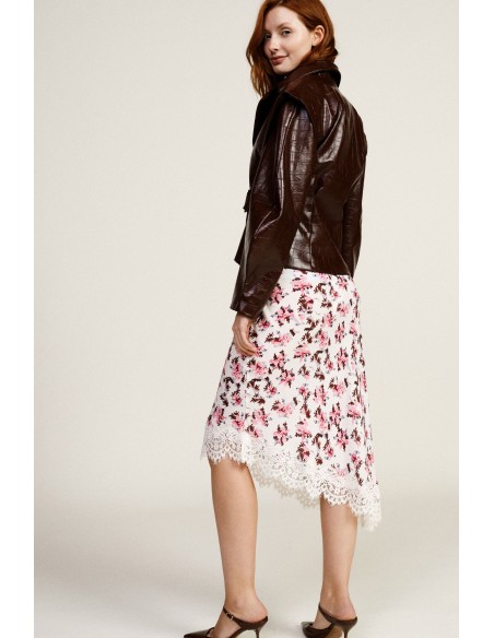 Asymmetrische midi-rok met bloemenprint en kanten zoom Dixie