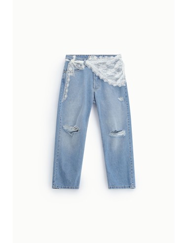 Mom-fit jeans met hoge taille, scheuren en kant Please
