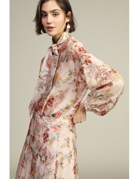 Dixie Blouse met Bloemenprint, Strikkraag en Lange Mouwen
