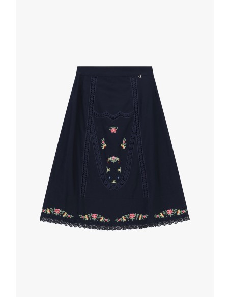 Dixie halflange rok met geborduurde bloemen en kant