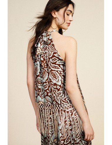 Dixie-top met halterhals, bloemenprint en lange franjes