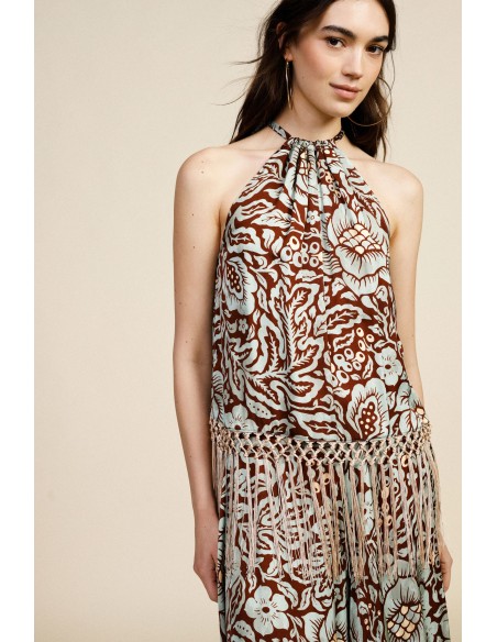 Dixie-top met halterhals, bloemenprint en lange franjes