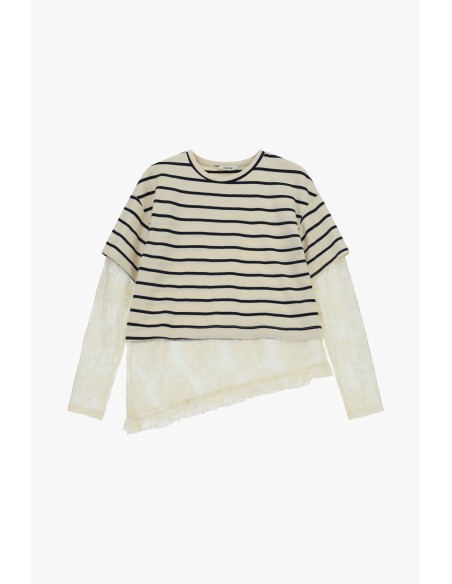 Gestreepte top met mouwen en kanten zoom Dixie